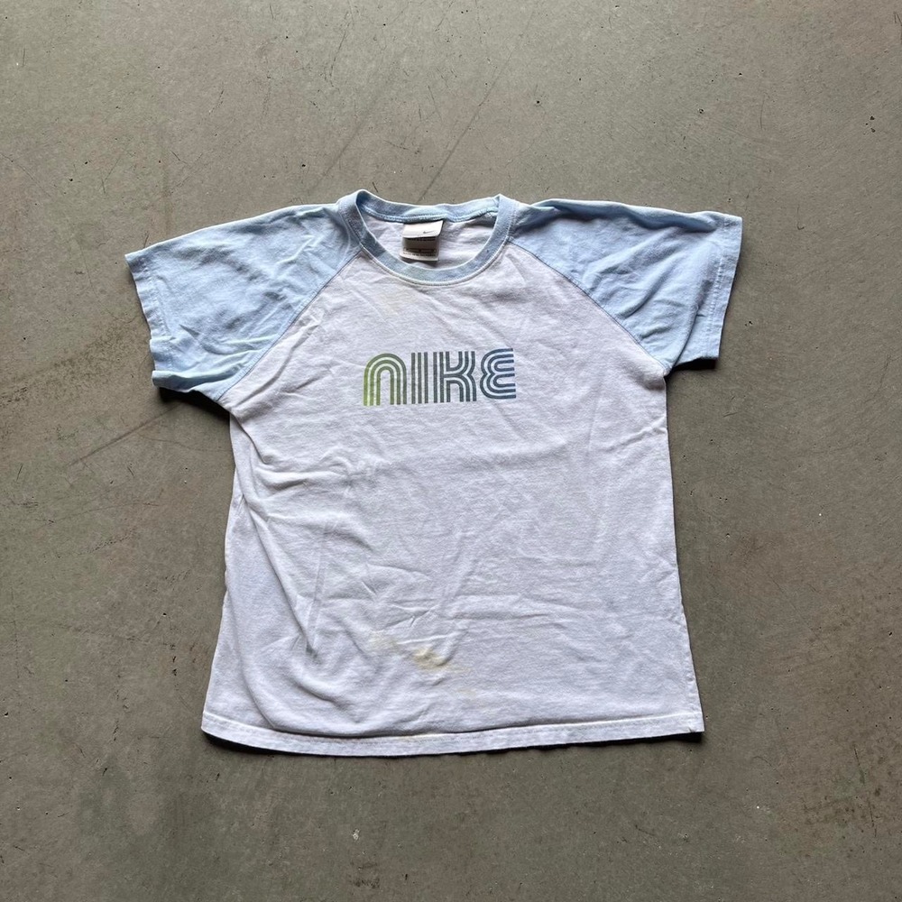 Vintage Nike Raglan T-Shirt Womens Medium White Blue Retro Gradient Logo Y2K